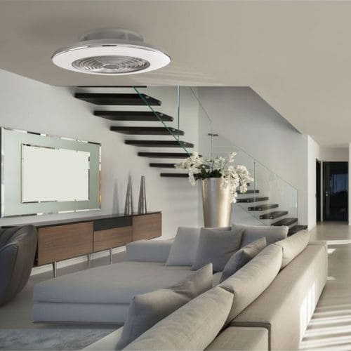 Ventilateur plafond sans pale apparente Alisio Gris Mantra dans un salon gris