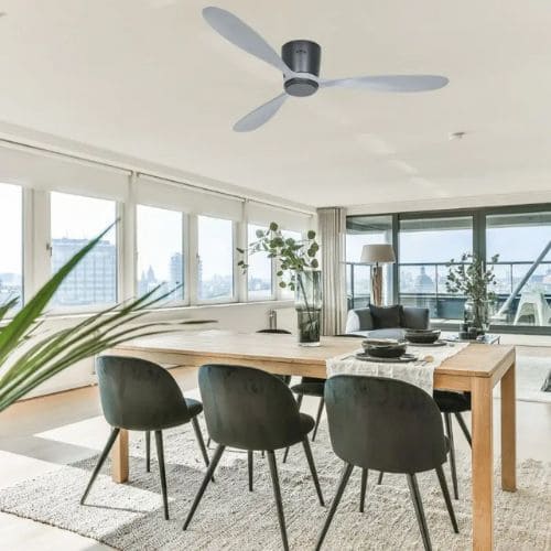 Ventilateur plafonnier Eco Plano Casafan couleur grise, présentation des diamètres