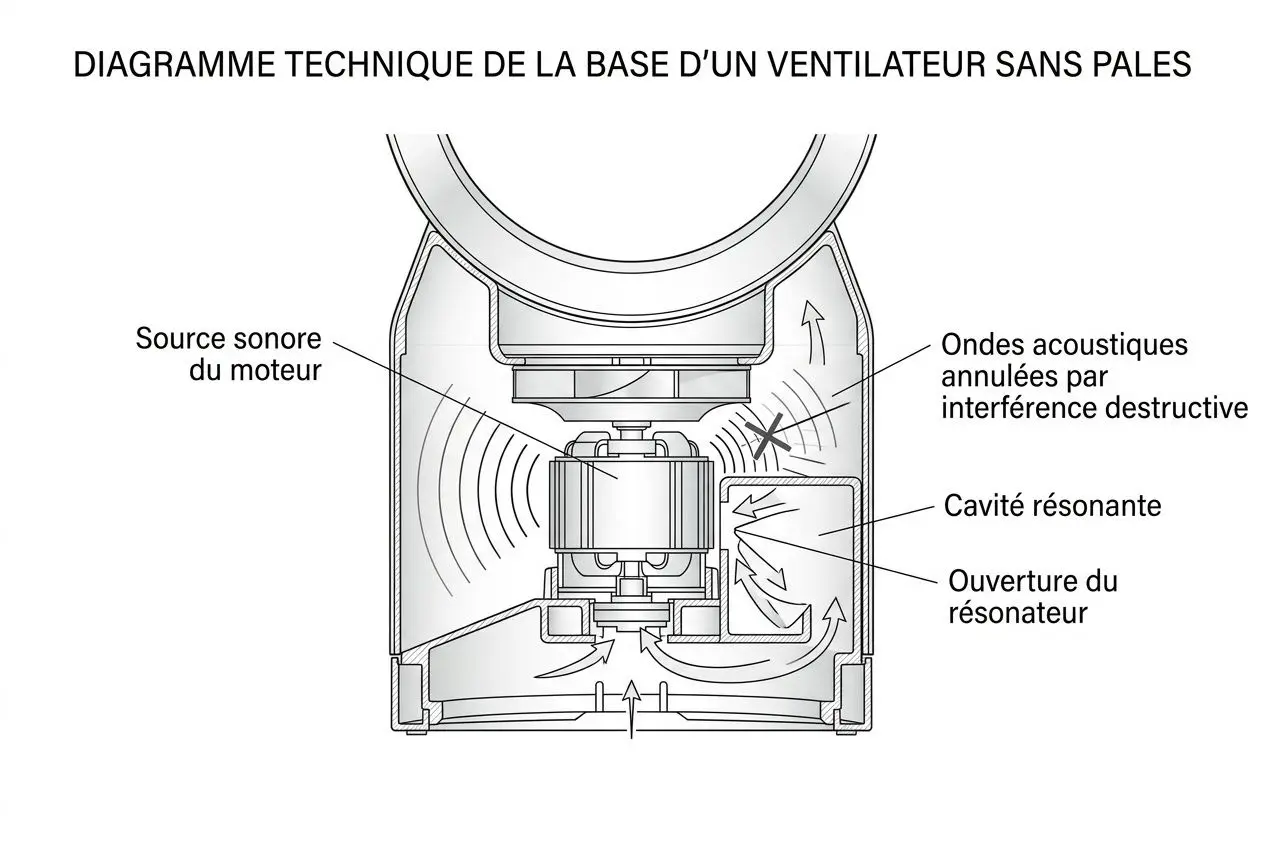 Diagramme technique d'un ventilateur sans pales montrant le moteur, la source sonore, les ondes acoustiques et l'ouverture du résonateur guidant le flux d'air. intégration du sujet: comment fonctionnent les ventilateurs silencieux.