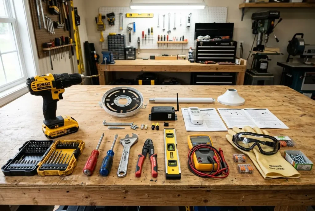 Établi d’atelier avec perceuse sans fil jaune à gauche; divers outils et pièces pour installer un ventilateur de plafond avec télécommande disposés sur le plateau.