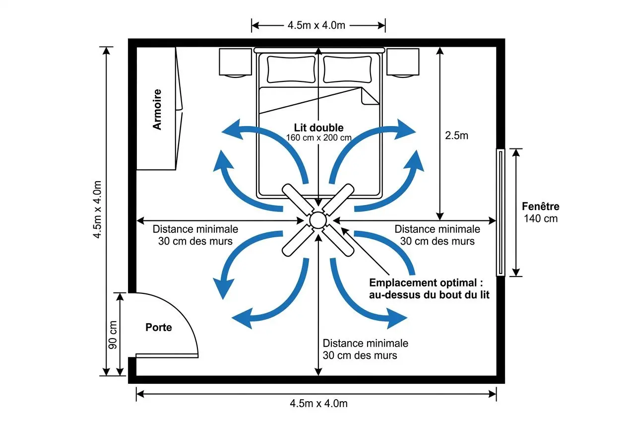 Plan de chambre montrant l’emplacement optimal du ventilateur de plafond au centre, avec distances minimales de 30 cm des murs et hauteur suffisante. où placer un ventilateur de plafond dans une chambre, pour une circulation d’air efficace.