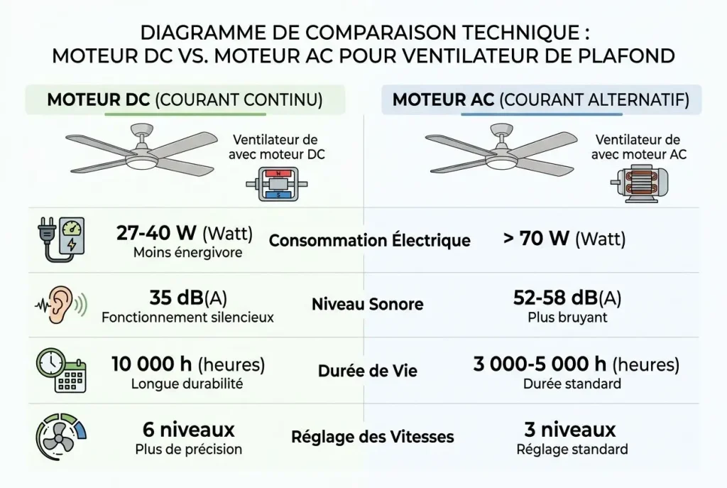Diagramme comparatif technique: moteur DC vs moteur AC pour ventilateur de plafond, avec consommations, niveaux sonores et durées de vie. Consommation électrique: 27-40 W (DC) vs >70 W (AC). Durée de vie: 10 000 h (DC) vs 3 000-5 000 h (AC). Niveaux et réglages: 6 niveaux (DC) vs 3 niveaux (AC). Intégration du mot-clé: consommation ventilateur 24h évoquée par la comparaison DC/AC et la consommation continue.
