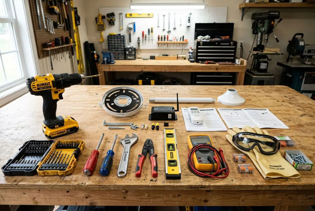Outils et matériel de montage sur un établi: perceuse sans fil, tournevis, level, cordeau, disques, lampe et manuel, prêts pour positionner un ventilateur de plafond.