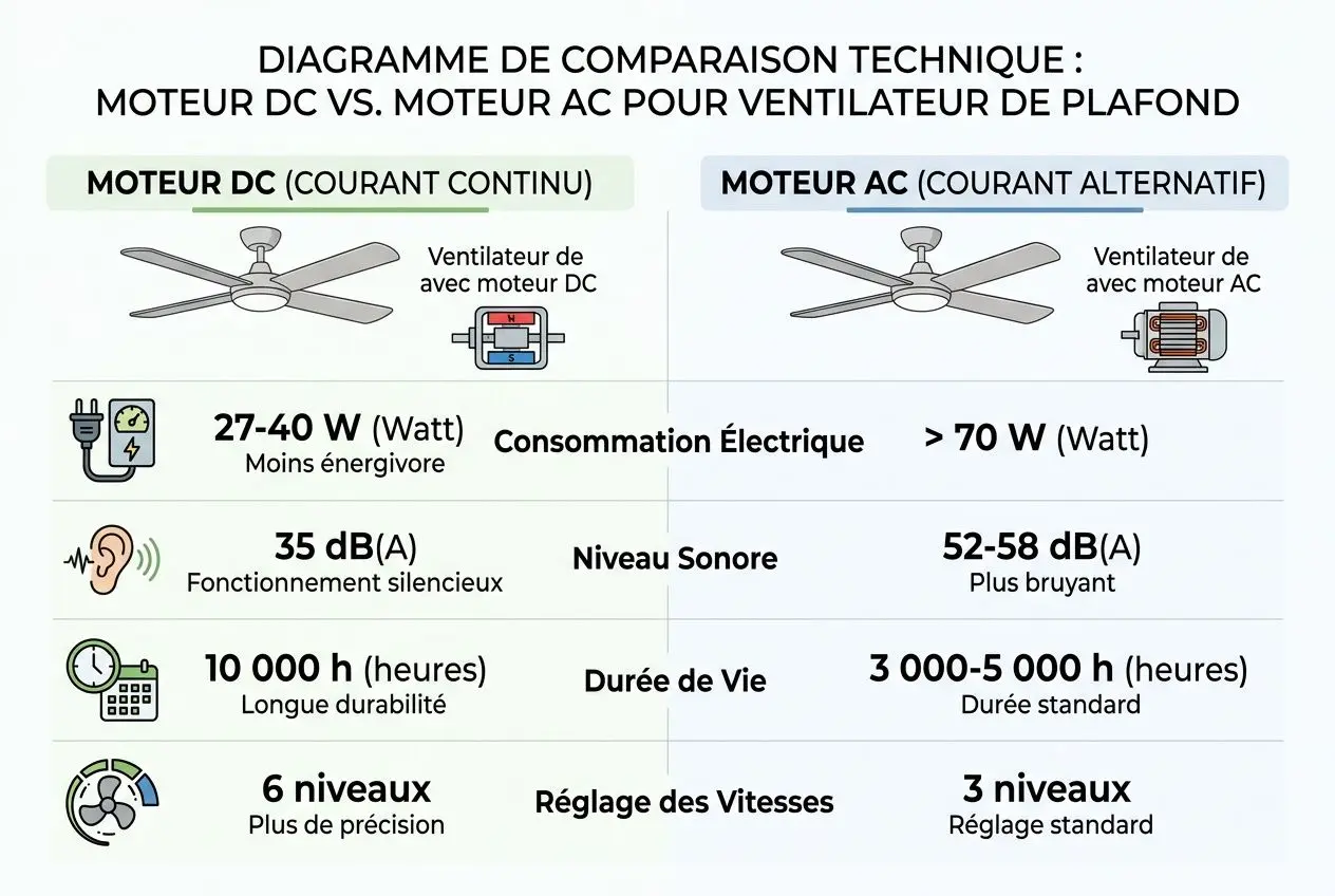 Diagramme de comparaison technique: moteur DC vs moteur AC pour ventilateur de plafond, avec icônes et données (consommation, bruit, durée de vie et niveaux de vitesse). Le tout illustre les différences entre ventilateur avec moteur DC et ventilateur avec moteur AC. Inclut éléments visuels sur les vitesses, niveau sonore et durabilité. Mot clé intégré: ventilateur plafond petit diamètre.