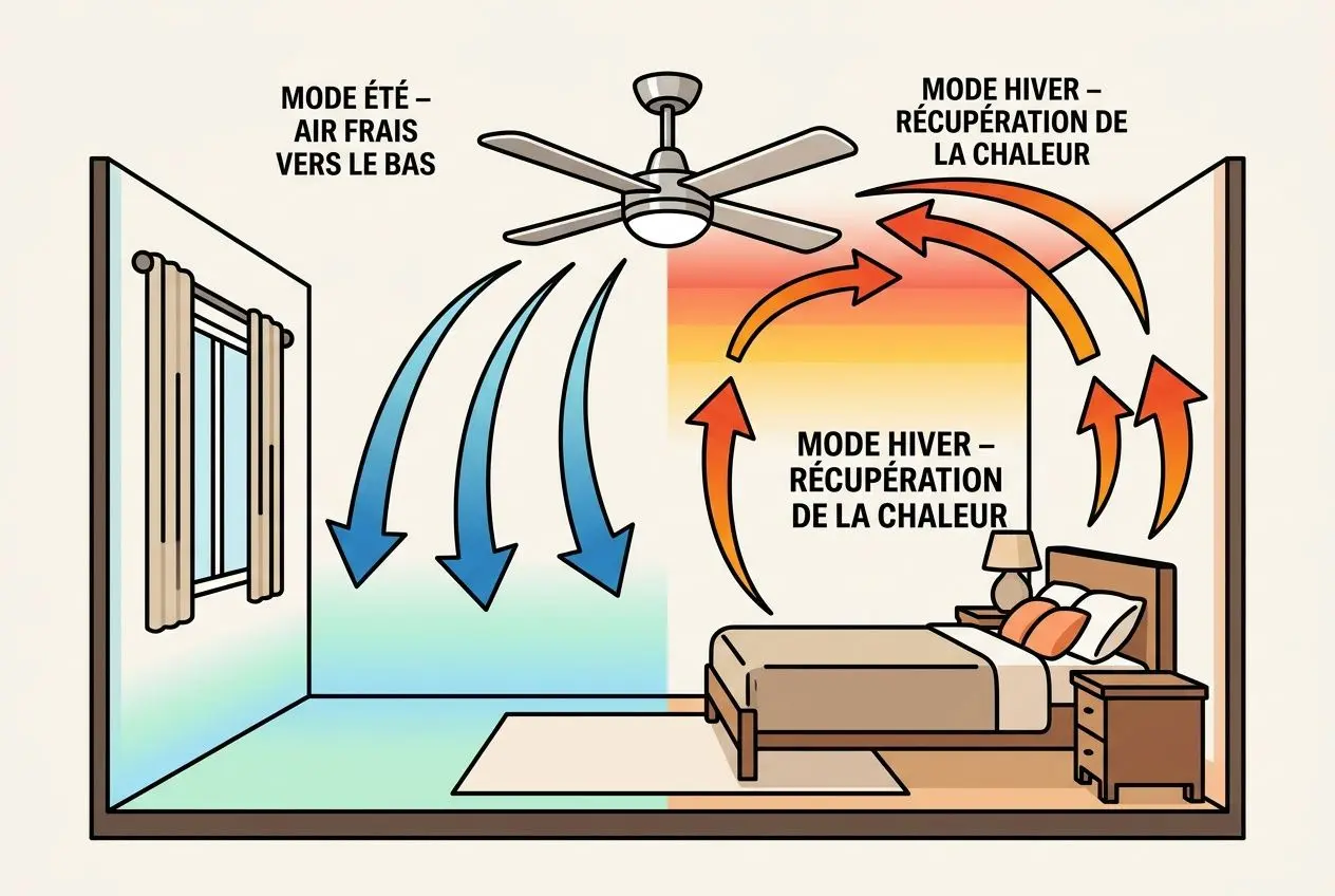 Maison climatisée: ventilation naturelle et plafond tournant, avec flèches bleues vers le bas et rouges vers le plafond, illustrant clim et ventilateur en même temps pour optimiser le confort.