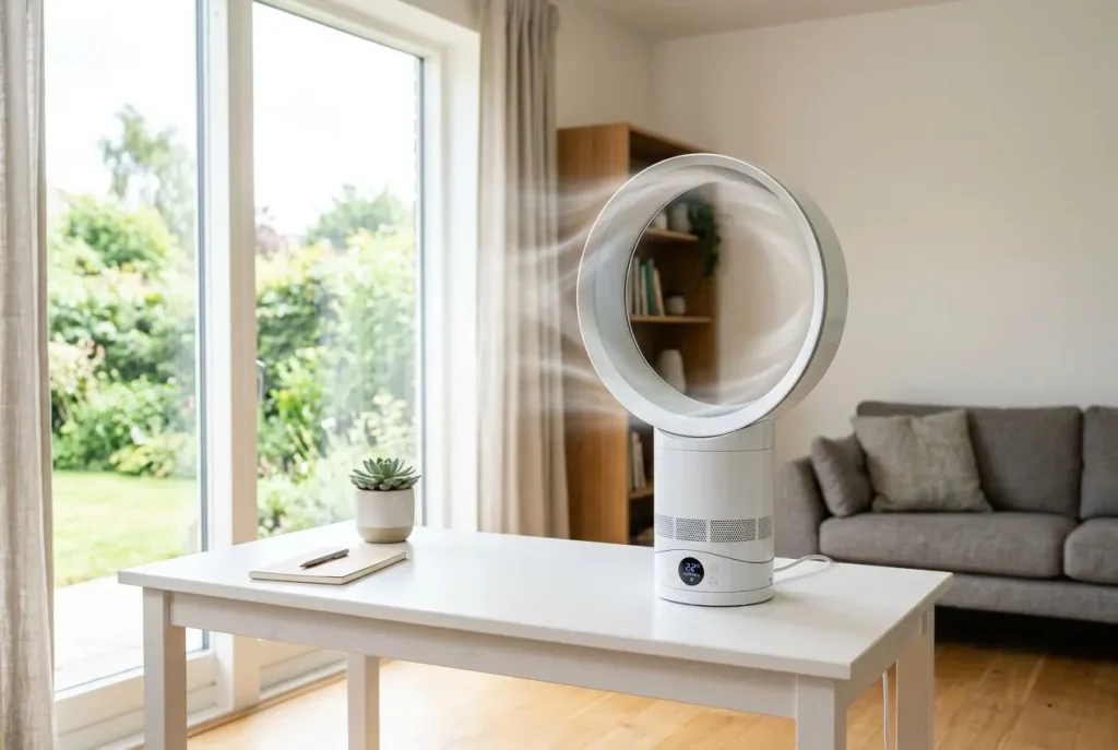 Ventilateur silencieux en action sur une table blanche près d'une grande baie vitrée, dans un salon lumineux.