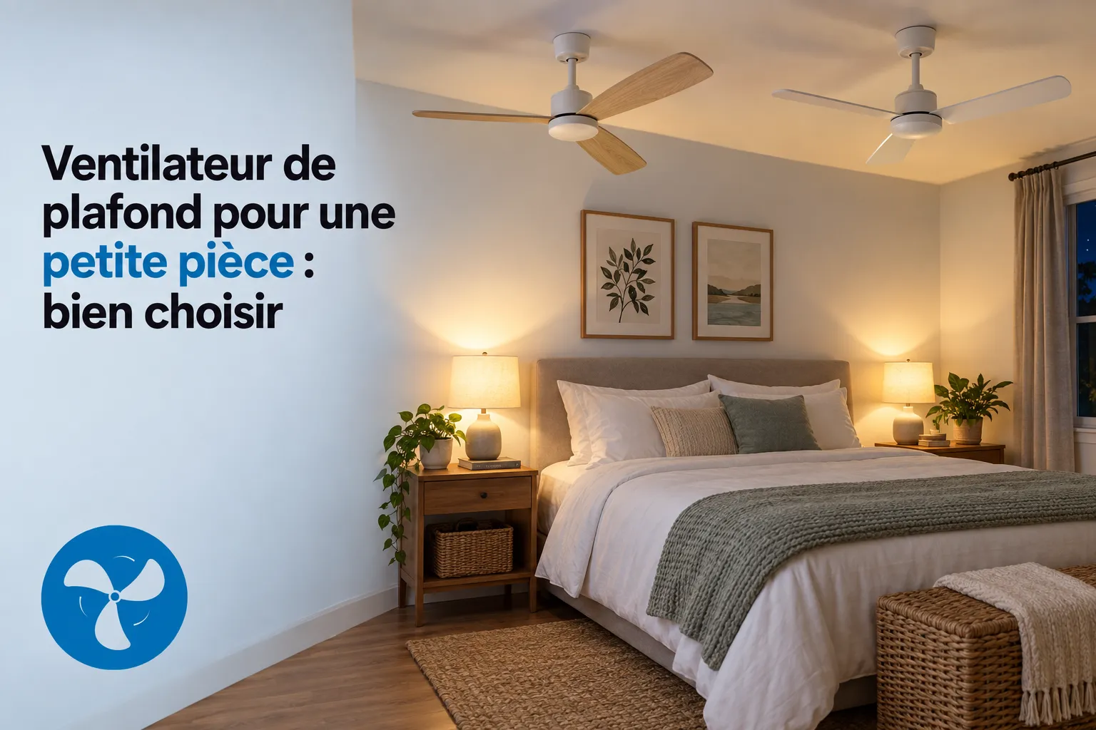 Une chambre lumineuse avec un lit double et deux luminaires, des plantes et des tableaux au mur.