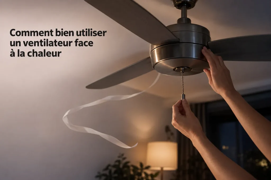 Comment bien utiliser un ventilateur face à la chaleur : personne ajuste la chaîne du ventilateur au plafond dans une pièce éclairée.