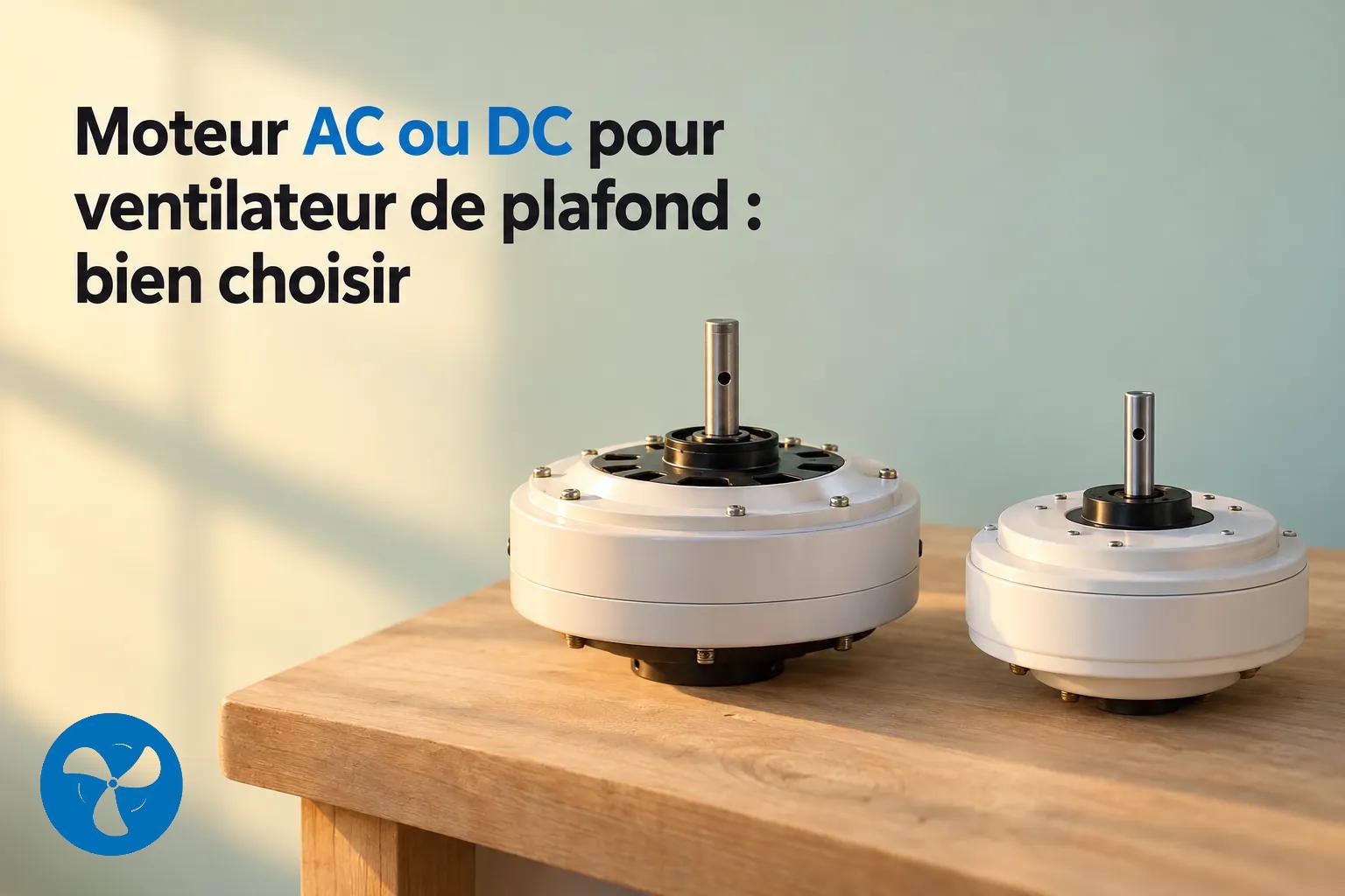 Deux moteurs de type DC et AC posés sur une table en bois, visibles sous forme de boîtiers ronds et blancs avec arbres de