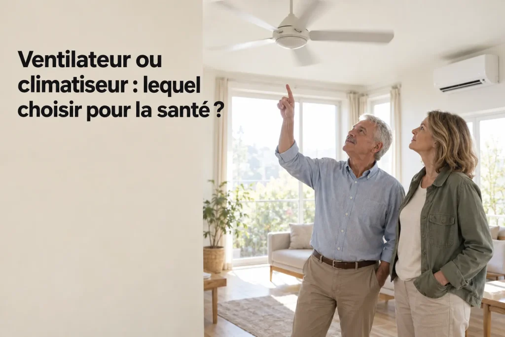 Deux personnes âgées dans un salon regardent le plafond où tourne un ventilateur suspendu.