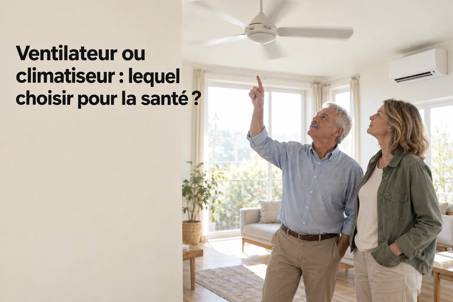 Deux personnes âgées dans un salon regardent le plafond où tourne un ventilateur suspendu.