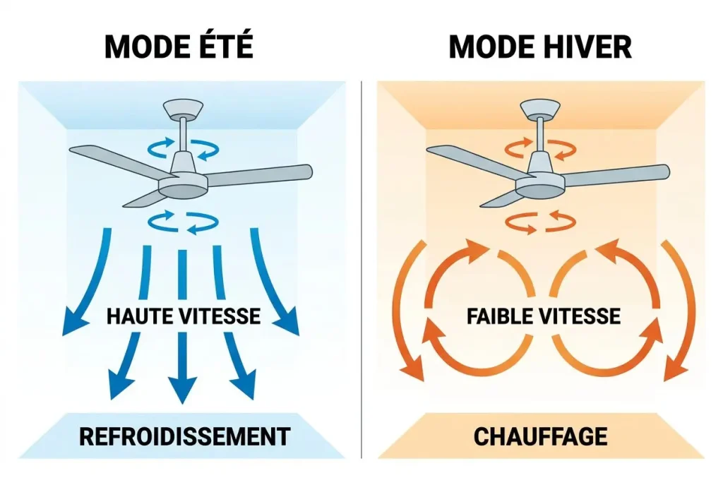 Ventilateur plafond économie chauffage: comparaison été et hiver montrant redistribution de chaleur vers le plafond en hiver et refroidissement en été.