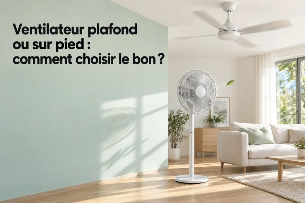 Ventilateur plafond ou sur pied : ventilateur sur pied dans un salon lumineux avec abat-jour blanc et fauteuils, idéal pour comparer puissance et bruit.