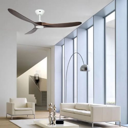 Ventilateur plafond silencieux basse consommation installé dans un salon lumineux avec de grandes fenêtres et canapés blancs.