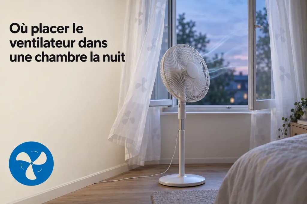 Ventilateur sur socle debout près d’une fenêtre ouverte dans une chambre.