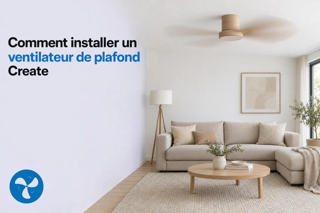 Vue d’un salon clair avec un canapé et une table basse, et un ventilateur de plafond beige en mouvement au plafond.