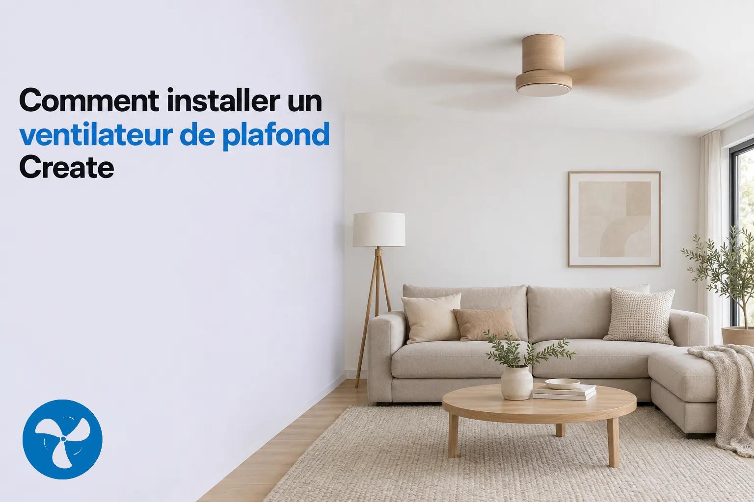 Vue d’un salon clair avec un canapé et une table basse, et un ventilateur de plafond beige en mouvement au plafond.